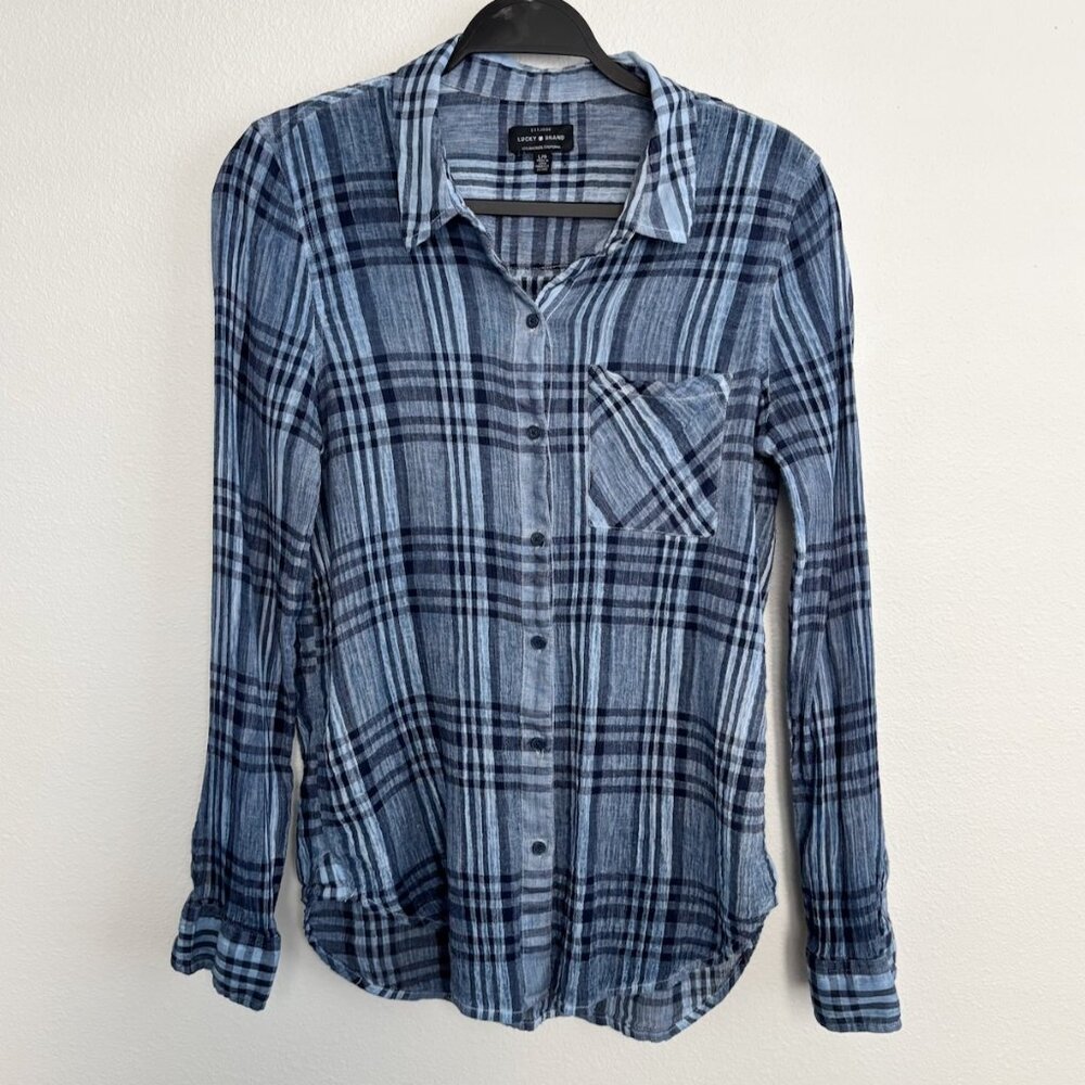 Lucky Brand Blue Plaid Cotton Gauze Button Down Size M/L